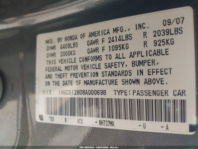 Продажа на аукционе авто 2008 Honda Accord 2.4 Ex-l, vin: 1HGCS12808A000698, номер лота: 45803832