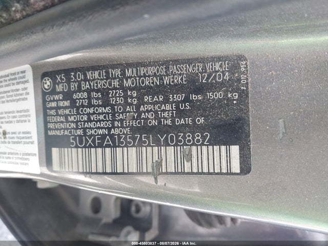 45803837 :رقم المزاد ، 5UXFA13575LY03882 vin ، 2005 Bmw X5 3.0i مزاد بيع