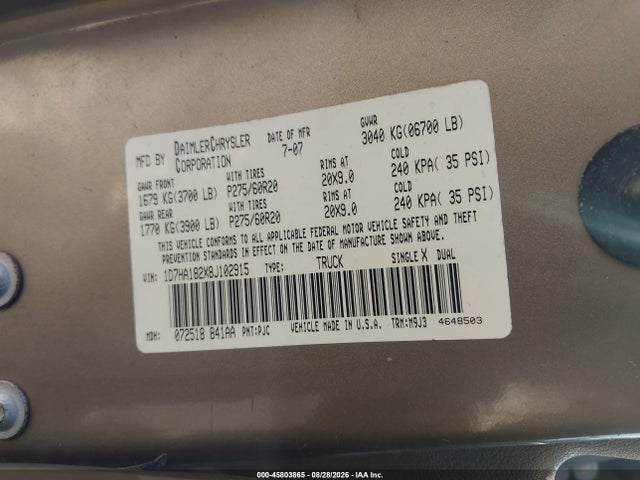 45803865 :رقم المزاد ، 1D7HA182X8J102915 vin ، 2008 Dodge Ram 1500 Slt مزاد بيع