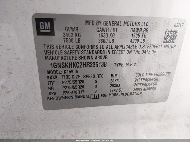 Продаж на аукціоні авто 2017 Chevrolet Suburban Lt, vin: 1GNSKHKC2HR236138, номер лоту: 45803867
