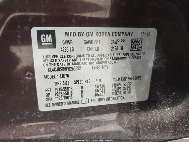 45803870 :رقم المزاد ، KL4CJBSB6FB259992 vin ، 2015 Buick Encore Convenience مزاد بيع