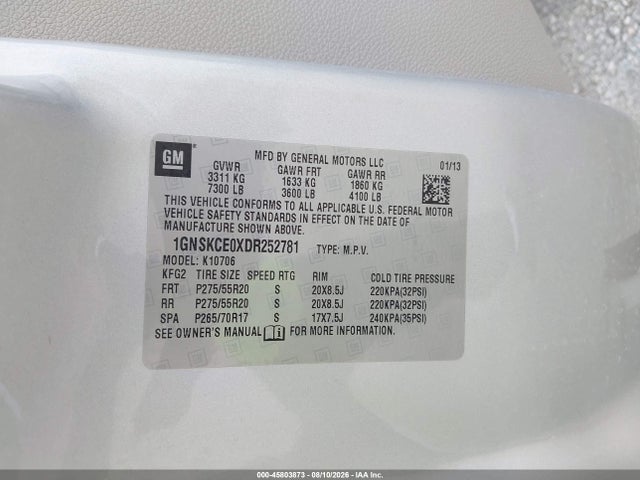 45803873 :رقم المزاد ، 1GNSKCE0XDR252781 vin ، 2013 Chevrolet Tahoe Ltz مزاد بيع