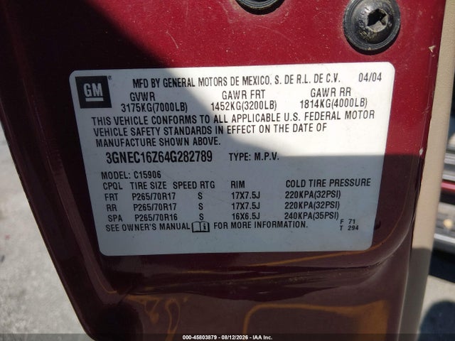 45803879 :رقم المزاد ، 3GNEC16Z64G282789 vin ، 2004 Chevrolet Suburban 1500 Lt مزاد بيع