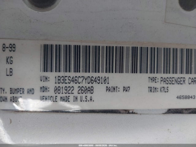 45803880 :رقم المزاد ، 1B3ES46C7YD649101 vin ، 2000 Dodge Neon Highline مزاد بيع