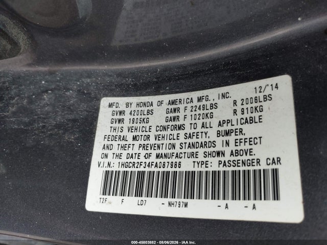 Продажа на аукционе авто 2015 Honda Accord Lx, vin: 1HGCR2F34FA087986, номер лота: 45803882