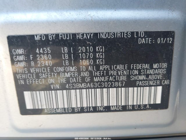 2012 Subaru Legacy 2.5i მანქანა იყიდება აუქციონზე, vin: 4S3BMBA63C3023867, აუქციონის ნომერი: 45803886