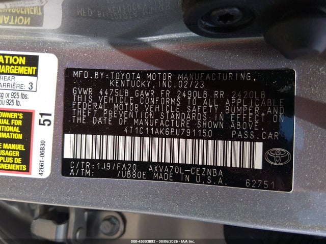 45803892 :رقم المزاد ، 4T1C11AK6PU791150 vin ، 2023 Toyota Camry Le مزاد بيع