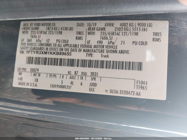 Продаж на аукціоні авто 2019 Ford Transit-250, vin: 1FTYR3XM1KKB89655, номер лоту: 45803905
