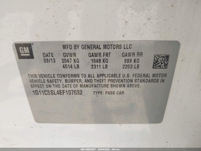 2014 Chevrolet Malibu 1lt მანქანა იყიდება აუქციონზე, vin: 1G11C5SL4EF107632, აუქციონის ნომერი: 45803927
