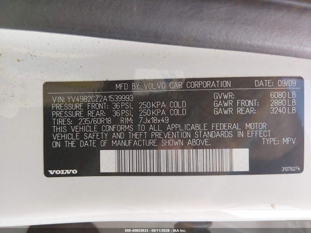 45803933 :رقم المزاد ، YV4982CZ2A1539993 vin ، 2010 Volvo Xc90 3.2 مزاد بيع