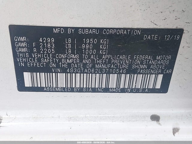 45803939 :رقم المزاد ، 4S3GTAD62L3710546 vin ، 2020 Subaru Impreza Premium 5-door مزاد بيع