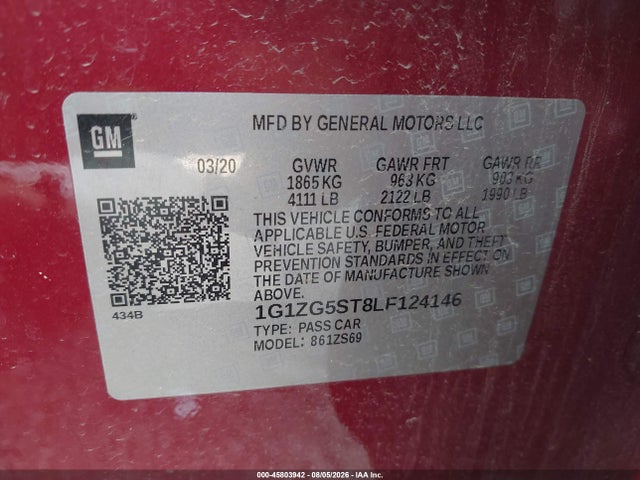 Продаж на аукціоні авто 2020 Chevrolet Malibu Fwd Rs, vin: 1G1ZG5ST8LF124146, номер лоту: 45803942
