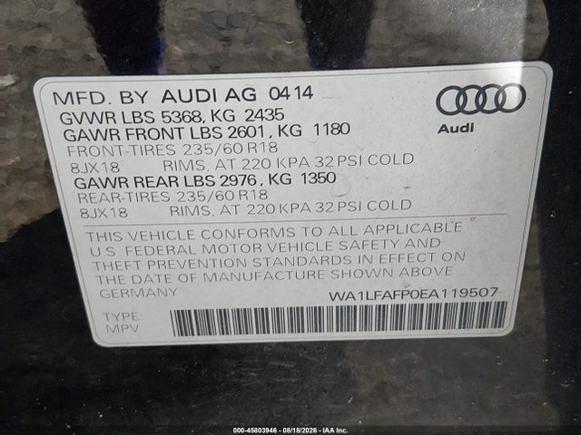 2014 Audi Q5 2.0t Premium მანქანა იყიდება აუქციონზე, vin: WA1LFAFP0EA119507, აუქციონის ნომერი: 45803946
