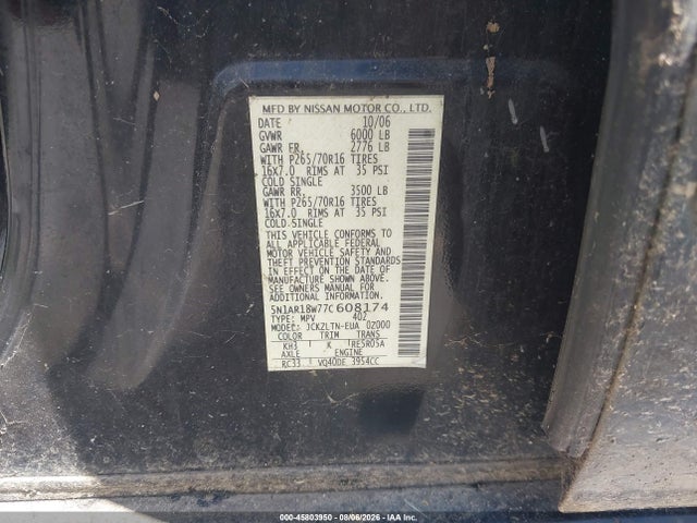 45803950 :رقم المزاد ، 5N1AR18W77C608174 vin ، 2007 Nissan Pathfinder Se مزاد بيع