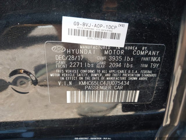 Aukcja sprzedaży 2018 Hyundai Ioniq Hybrid Blue, vin: KMHC65LC4JU075434, numer aukcji: 45803957