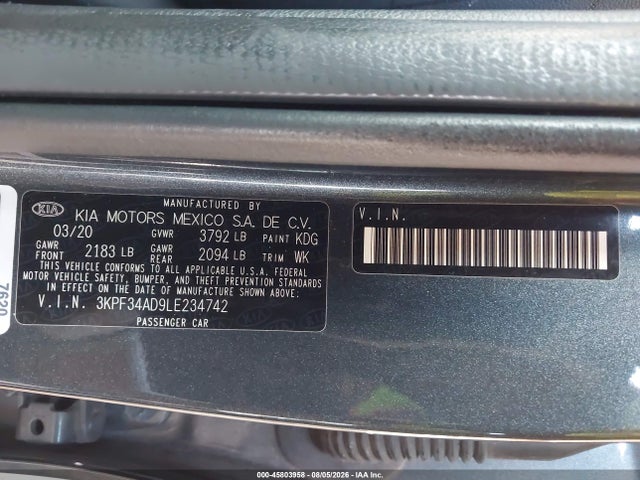 45803958 :رقم المزاد ، 3KPF34AD9LE234742 vin ، 2020 Kia Forte Gt-line مزاد بيع