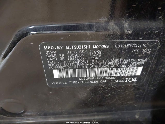 Aukcja sprzedaży 2022 Mitsubishi Mirage G4 Black Edition/es/le, vin: ML32FUFJ7NHF04980, numer aukcji: 45803962