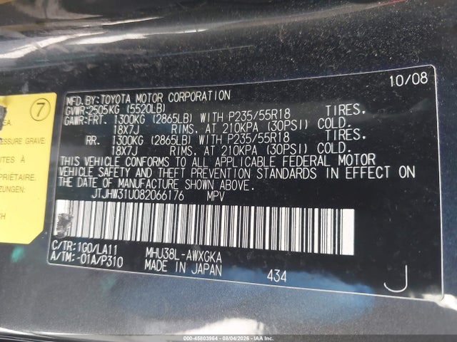 45803964 :رقم المزاد ، JTJHW31U082066176 vin ، 2008 Lexus Rx 400h مزاد بيع