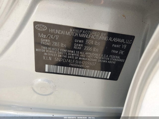 45803978 :رقم المزاد ، 5NPD74LF3HH209607 vin ، 2017 Hyundai Elantra Se مزاد بيع