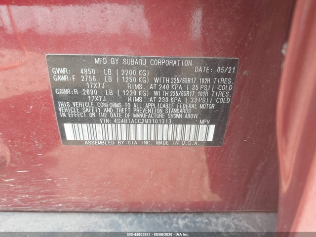 45803981 :رقم المزاد ، 4S4BTACC2N3101313 vin ، 2022 Subaru Outback Premium مزاد بيع