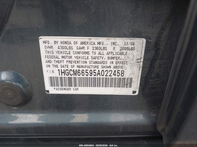 Aukcja sprzedaży 2005 Honda Accord 3.0 Ex, vin: 1HGCM66595A022458, numer aukcji: 45804004