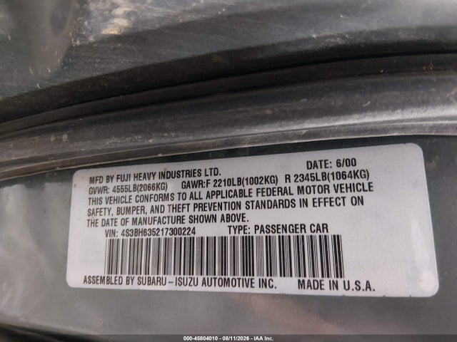 Продаж на аукціоні авто 2001 Subaru Legacy L, vin: 4S3BH635217300224, номер лоту: 45804010