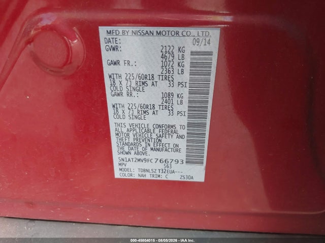 Продажа на аукционе авто 2015 Nissan Rogue Sl, vin: 5N1AT2MV9FC766793, номер лота: 45804015