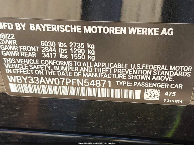 45804018 :رقم المزاد ، WBY33AW07PFN54871 vin ، 2023 Bmw I4 M50 مزاد بيع