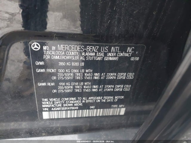 2000 Mercedes-benz Ml 430 მანქანა იყიდება აუქციონზე, vin: 4JGAB72E8YA176649, აუქციონის ნომერი: 45804031