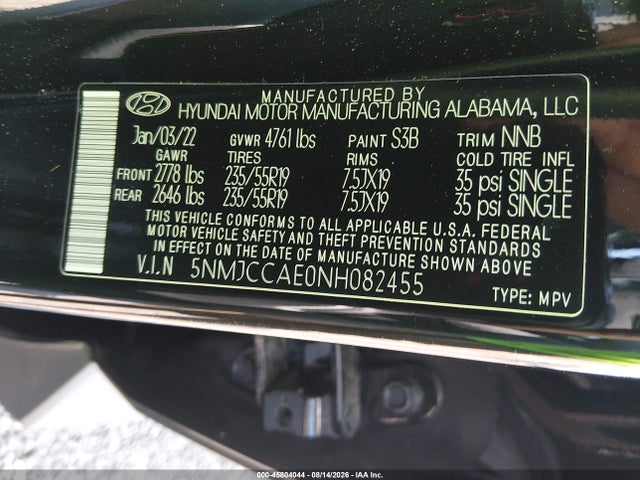 45804044 :رقم المزاد ، 5NMJCCAE0NH082455 vin ، 2022 Hyundai Tucson Sel مزاد بيع