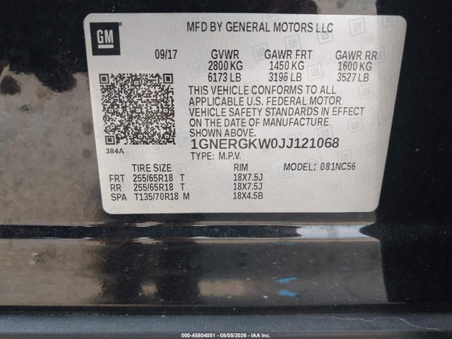 45804051 :رقم المزاد ، 1GNERGKW0JJ121068 vin ، 2018 Chevrolet Traverse Lt Cloth مزاد بيع