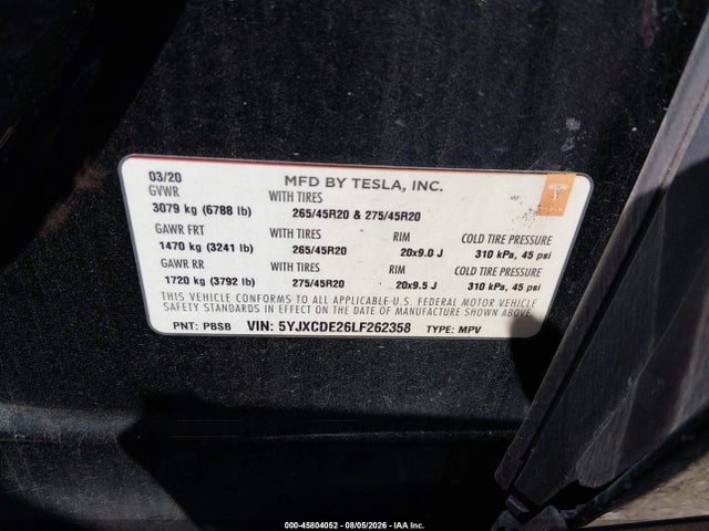 5YJXCDE26LF262358 Tesla Model X Long Range Dual Motor All-wheel Drive/long Range Plus Dual Motor All-wheel Drive