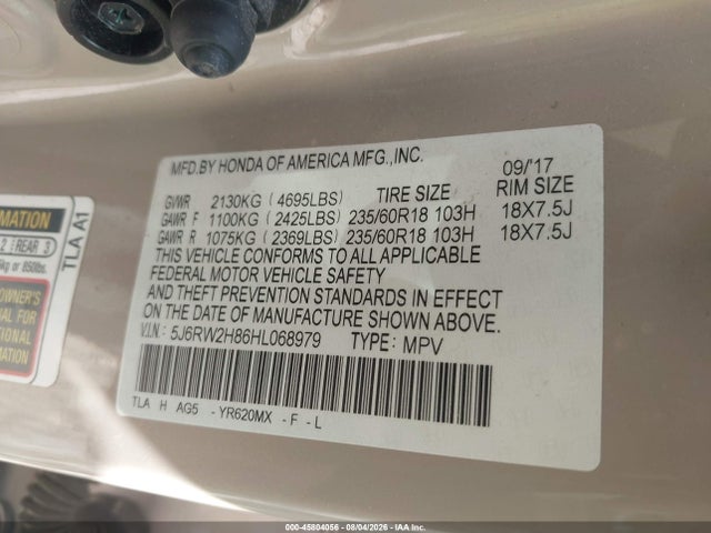 45804056 :رقم المزاد ، 5J6RW2H86HL068979 vin ، 2017 Honda Cr-v Ex-l/ex-l Navi مزاد بيع