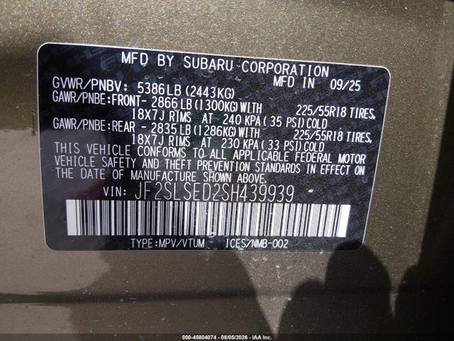 2025 Subaru Forester Premium Hybrid მანქანა იყიდება აუქციონზე, vin: JF2SLSED2SH439939, აუქციონის ნომერი: 45804074