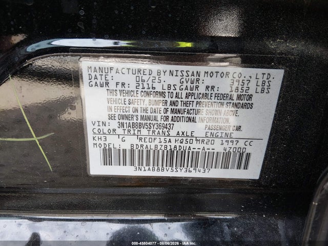 Auction sale of the 2025 Nissan Sentra S, vin: 3N1AB8BV5SY369437, lot number: 45804077