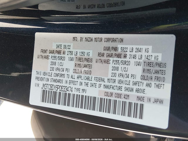 Aukcja sprzedaży 2023 Mazda Cx-9 Grand Touring, vin: JM3TCBDY6P0633474, numer aukcji: 45804098