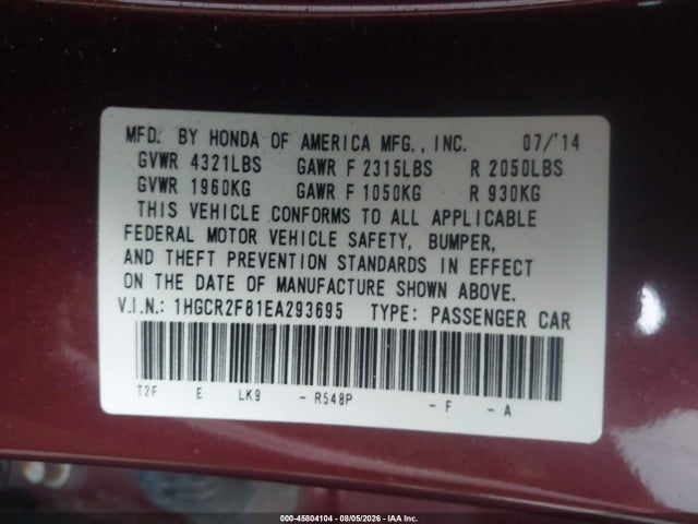 Aukcja sprzedaży 2014 Honda Accord Ex-l, vin: 1HGCR2F81EA293695, numer aukcji: 45804104