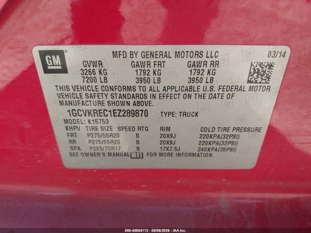 45804112 :رقم المزاد ، 1GCVKREC1EZ289870 vin ، 2014 Chevrolet Silverado 1500 Lt مزاد بيع