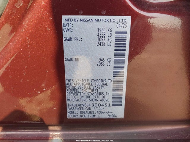 Продажа на аукционе авто 2025 Nissan Altima Sv Fwd, vin: 1N4BL4DV6SN390451, номер лота: 45804116