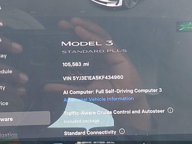 45804182 :رقم المزاد ، 5YJ3E1EA5KF434960 vin ، 2019 Tesla Model 3 Long Range/mid Range/standard Range/standard Range Plus مزاد بيع