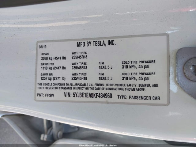 45804182 :رقم المزاد ، 5YJ3E1EA5KF434960 vin ، 2019 Tesla Model 3 Long Range/mid Range/standard Range/standard Range Plus مزاد بيع