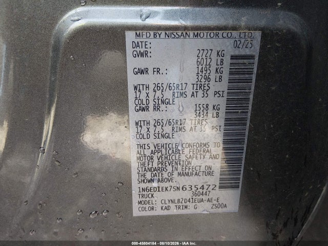 Продажа на аукционе авто 2025 Nissan Frontier Sv 4x4, vin: 1N6ED1EK7SN635472, номер лота: 45804184