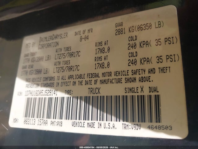 2005 Dodge Ram 1500 Slt/laramie მანქანა იყიდება აუქციონზე, vin: 1D7HU16D05J529141, აუქციონის ნომერი: 45804194
