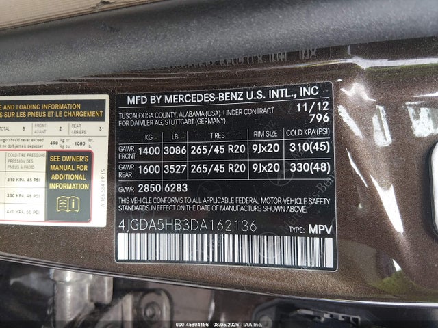 Продаж на аукціоні авто 2013 Mercedes-benz Ml 350 4matic, vin: 4JGDA5HB3DA162136, номер лоту: 45804196
