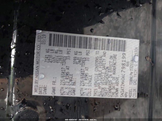 45804197 :رقم المزاد ، 5N1AT2MV0KC798199 vin ، 2019 Nissan Rogue S مزاد بيع