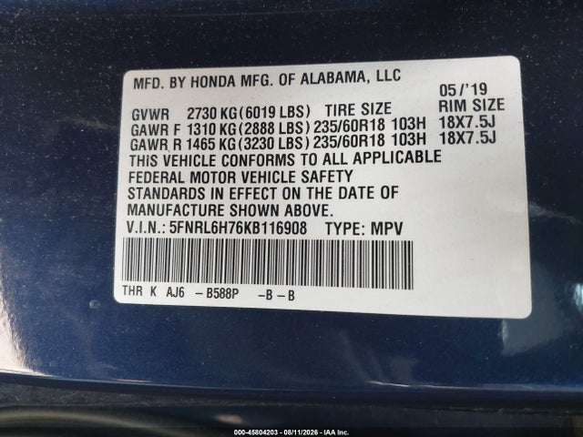 45804203 :رقم المزاد ، 5FNRL6H76KB116908 vin ، 2019 Honda Odyssey Ex-l مزاد بيع