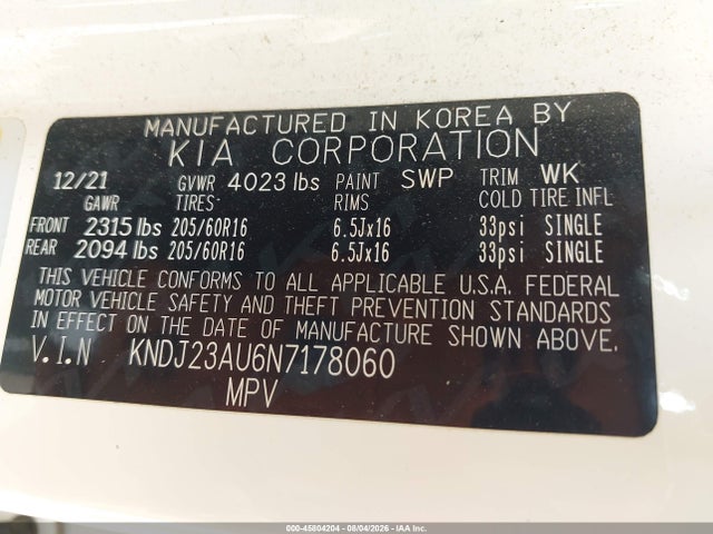 45804204 :رقم المزاد ، KNDJ23AU6N7178060 vin ، 2022 Kia Soul Lx مزاد بيع