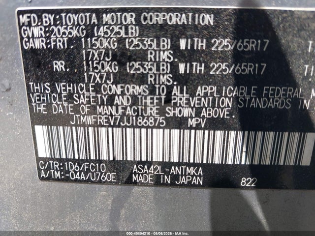 45804210 :رقم المزاد ، JTMWFREV7JJ186875 vin ، 2018 Toyota Rav4 Xle مزاد بيع