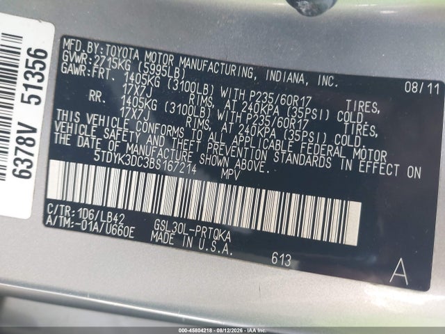 Продажа на аукционе авто 2011 Toyota Sienna Xle V6, vin: 5TDYK3DC3BS167214, номер лота: 45804218
