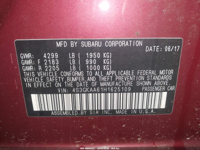 2017 Subaru Impreza 2.0i მანქანა იყიდება აუქციონზე, vin: 4S3GKAA61H1625109, აუქციონის ნომერი: 45804221